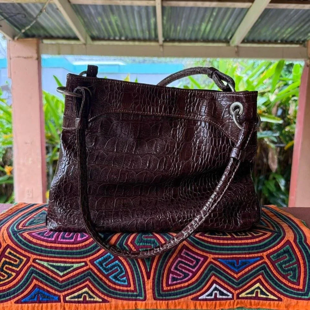 Alfred Dunner Brown Faux Croc Shoulder Bag Tote Purse Retro Old Money